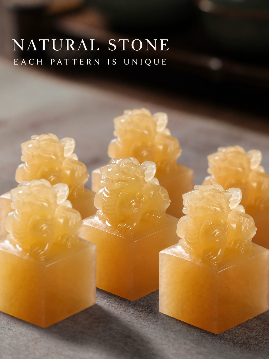 Natural golden stone Qilin seals, each with unique color and pattern